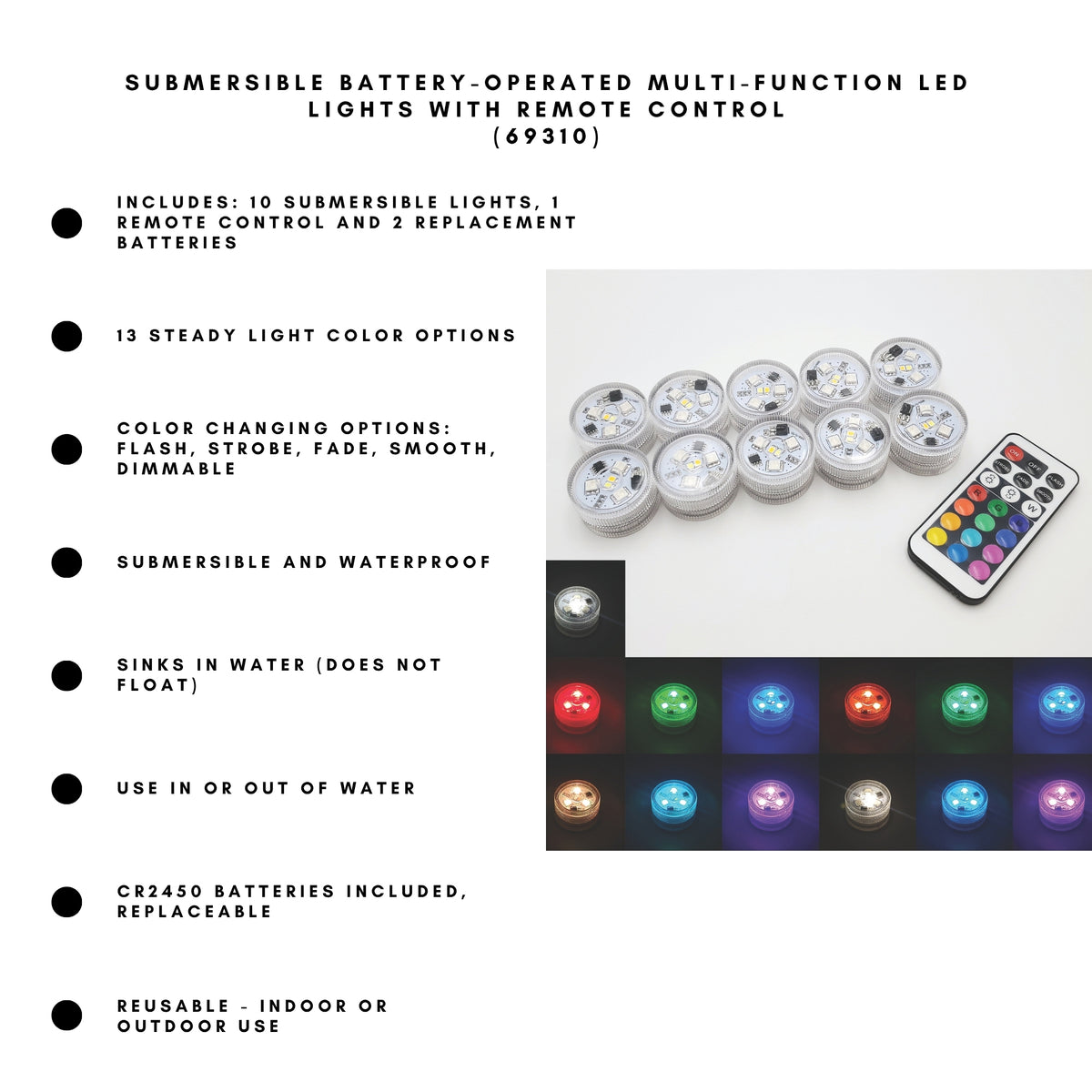 Submersible Battery-Operated Multi-Function LED Lights with Remote Control - Set of 10