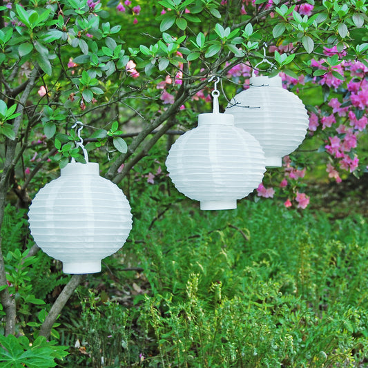 Solar-Powered Nylon Lanterns with Lights, White - Set of 3