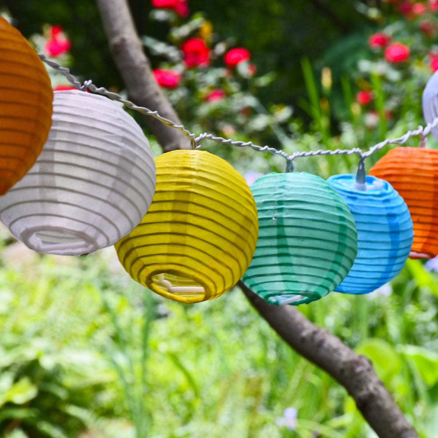 Solar-Powered String Lights with 10 Nylon Lanterns