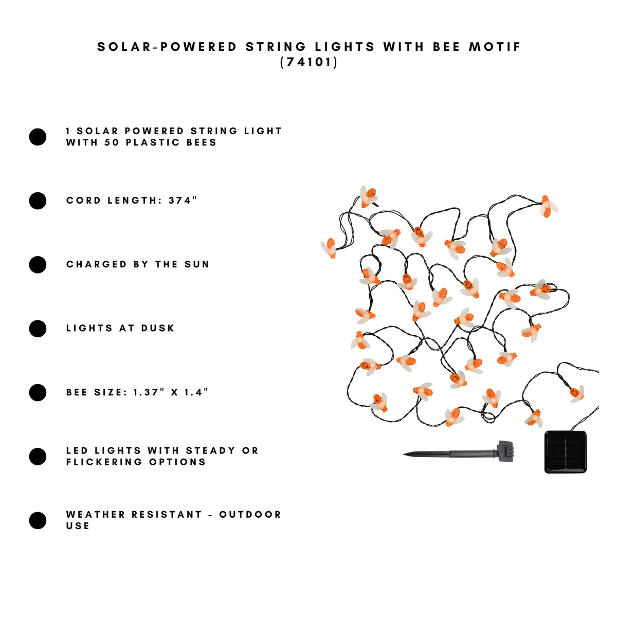Solar-Powered String Lights with Bee Motif