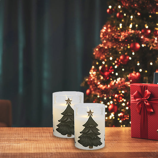 Battery Operated LED Glass Candles with Flickering Flame, Holiday Tree - Set of 2