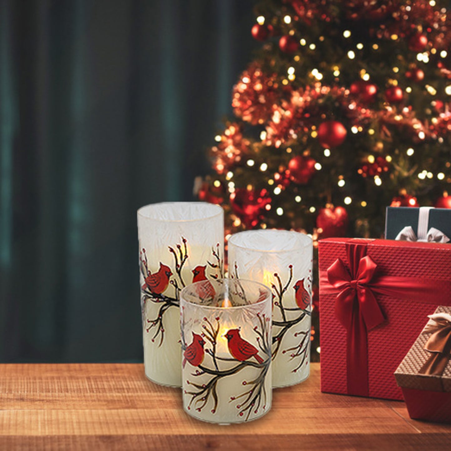 Battery Operated LED Red Cardinals Hurricane Candles - Set of 3