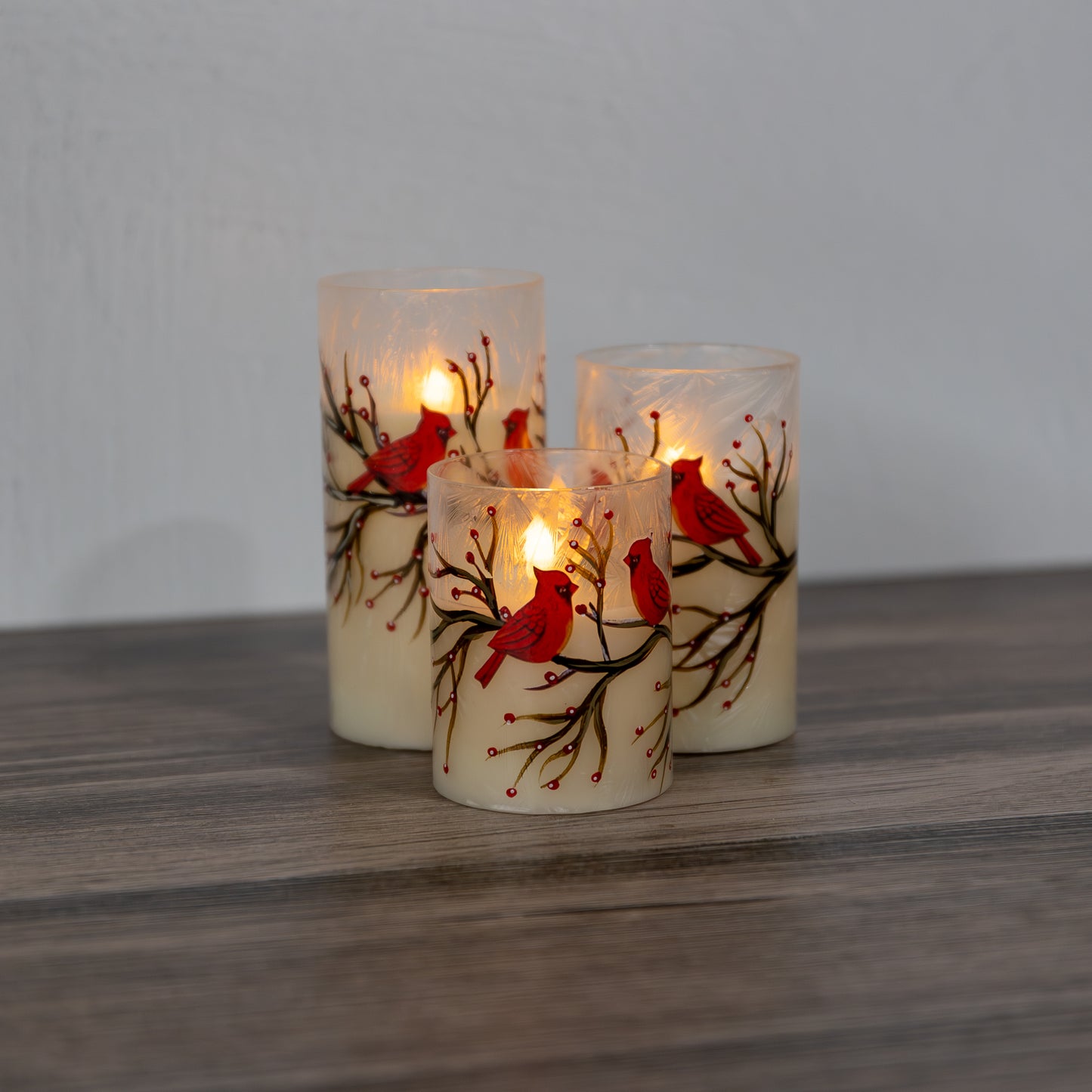 Battery Operated LED Red Cardinals Hurricane Candles - Set of 3
