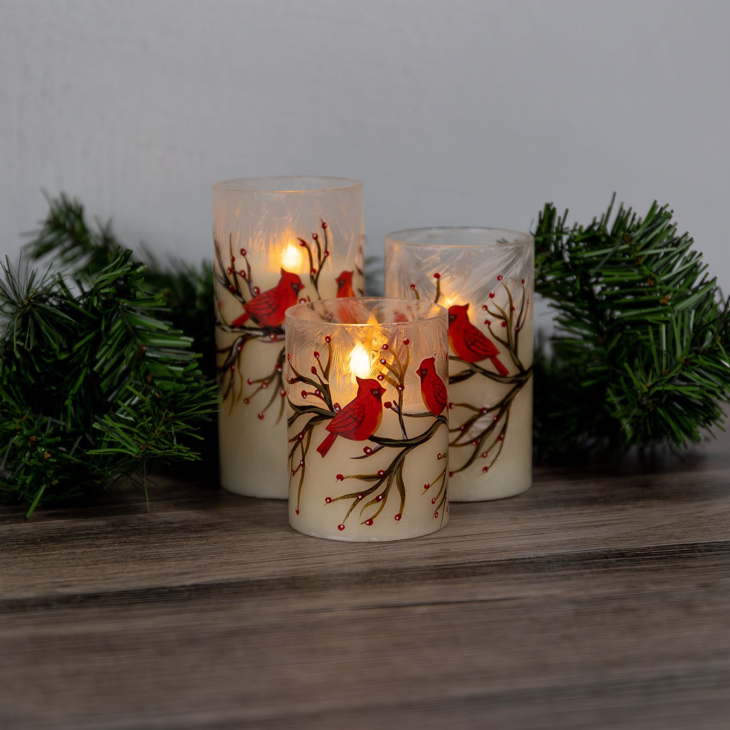 Battery Operated LED Red Cardinals Hurricane Candles - Set of 3