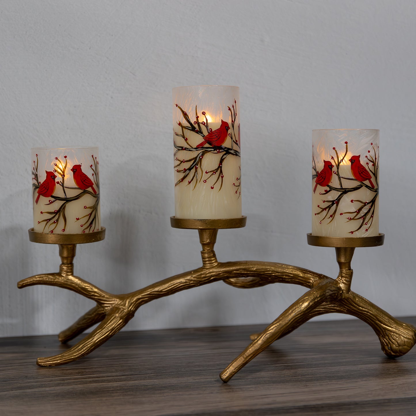 Battery Operated LED Red Cardinals Hurricane Candles - Set of 3