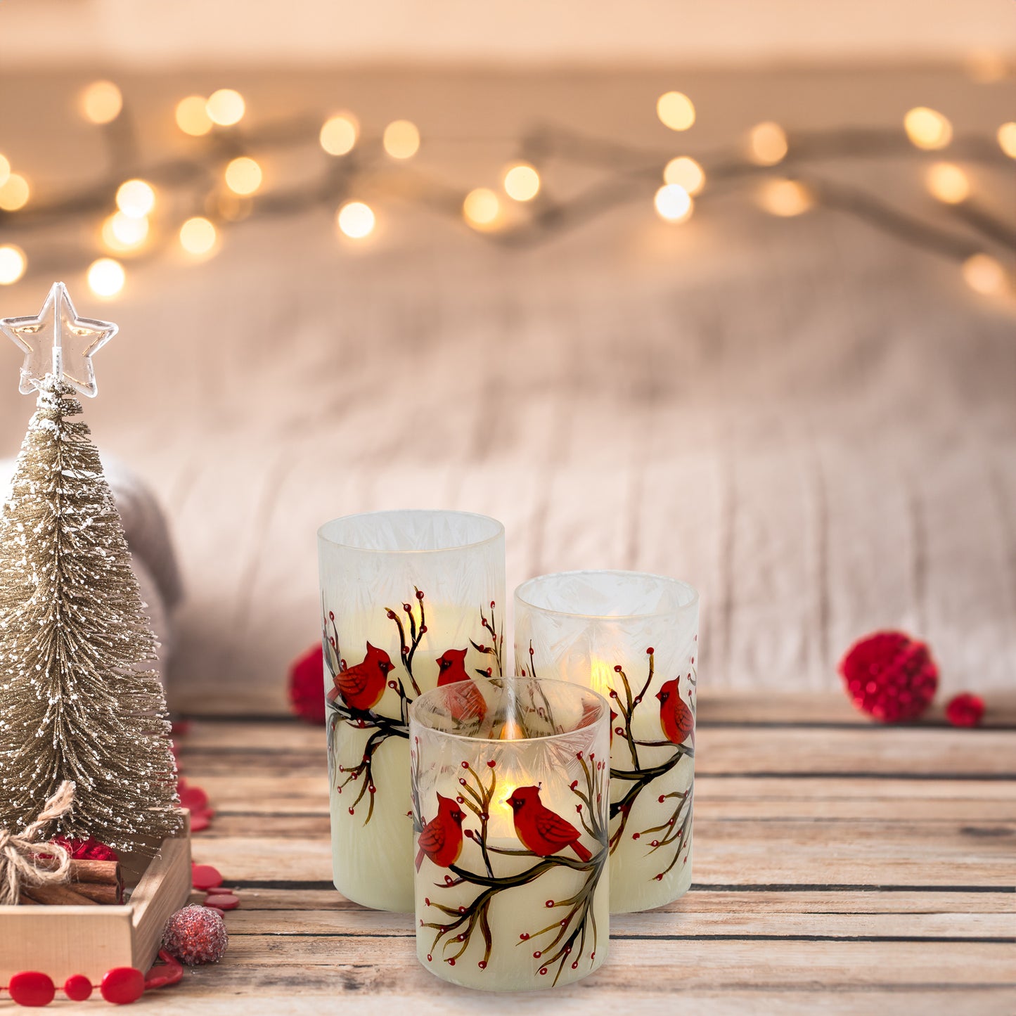 Battery Operated LED Red Cardinals Hurricane Candles - Set of 3