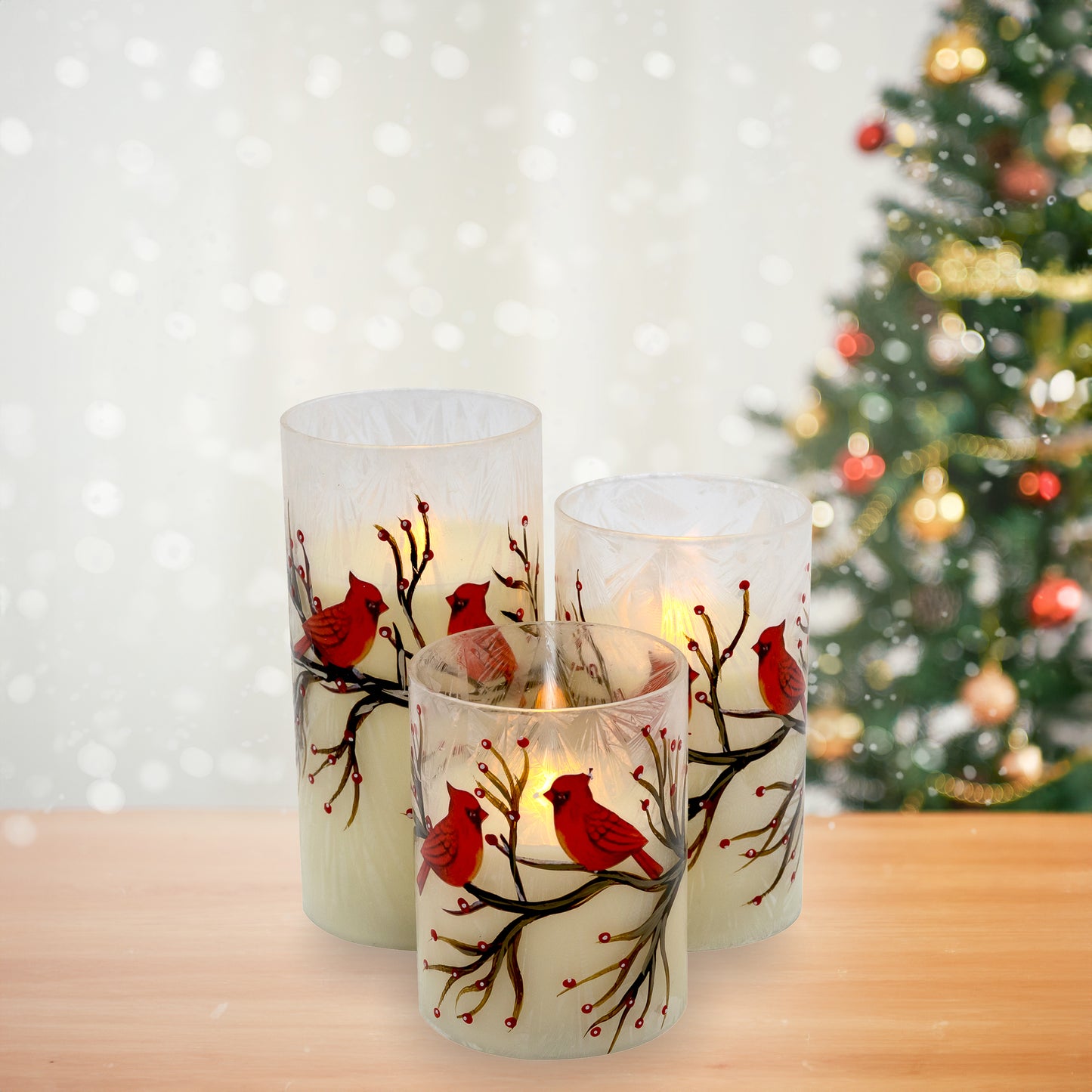 Battery Operated LED Red Cardinals Hurricane Candles - Set of 3