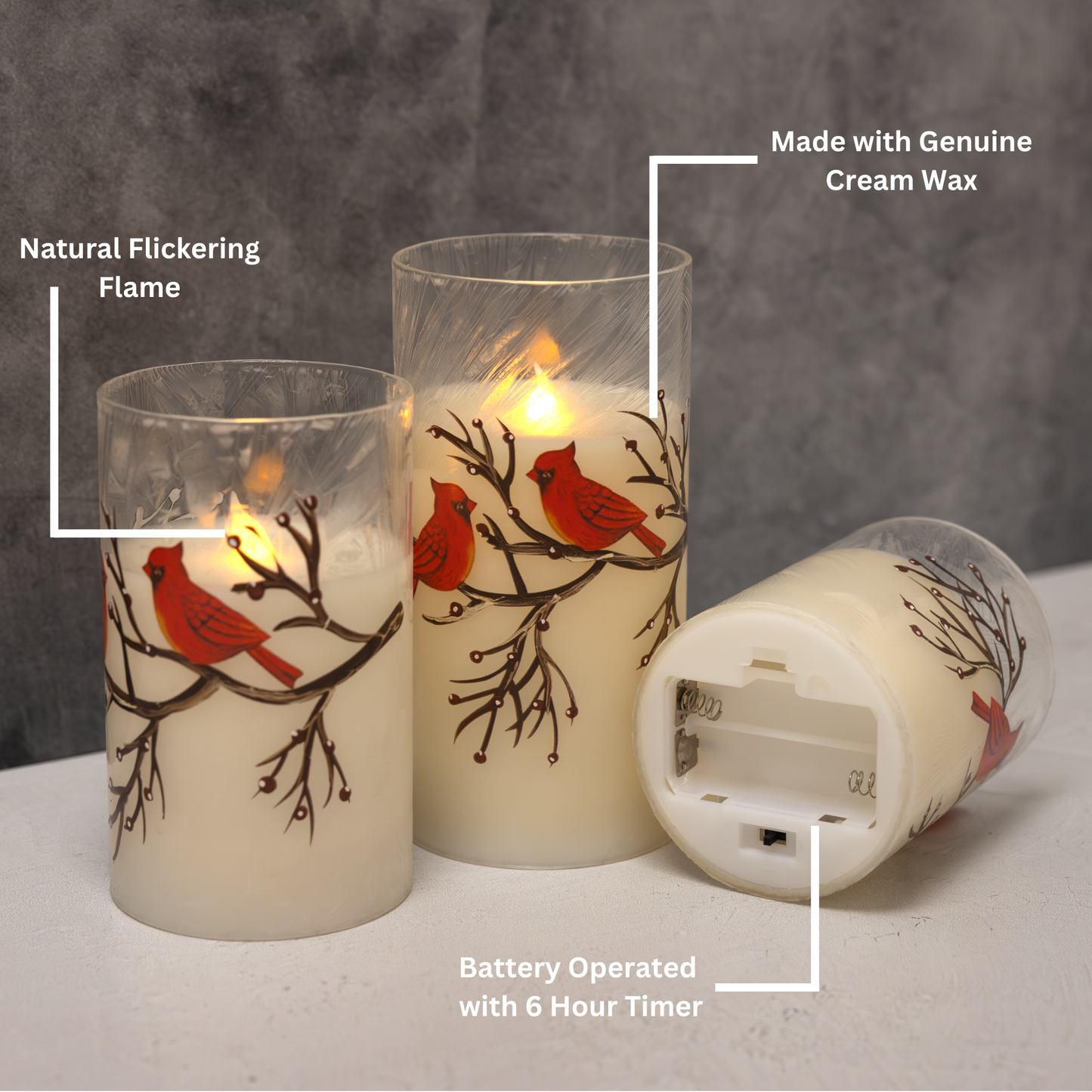 Battery Operated LED Red Cardinals Hurricane Candles - Set of 3