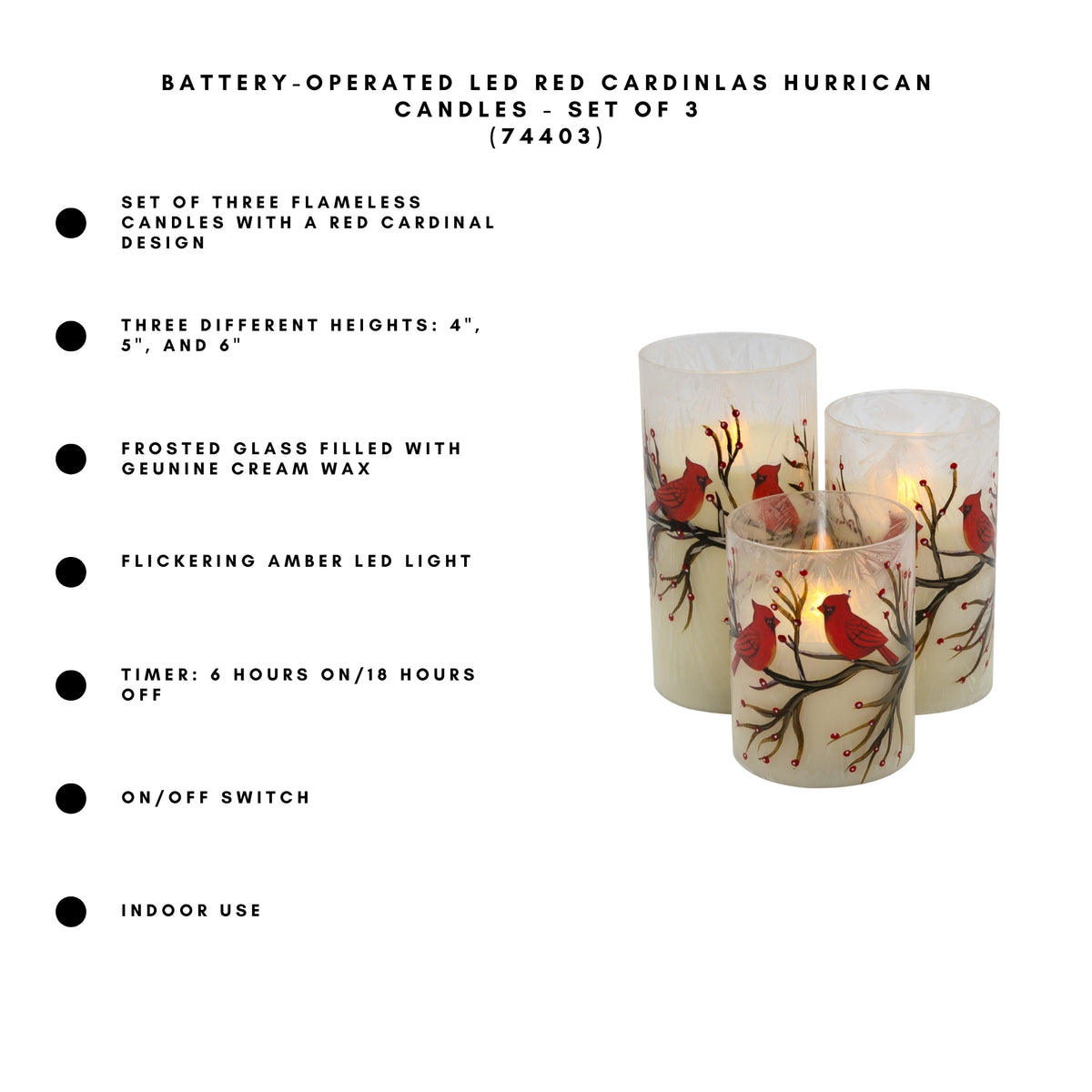 Battery Operated LED Red Cardinals Hurricane Candles - Set of 3