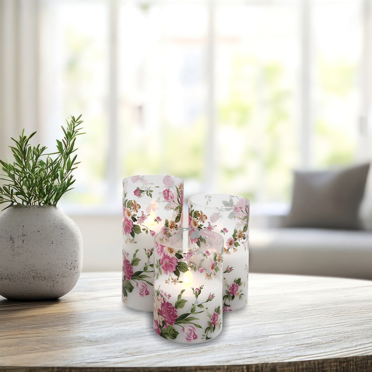Battery-Operated Glass Hurricanes with Floral Design - Set of 3