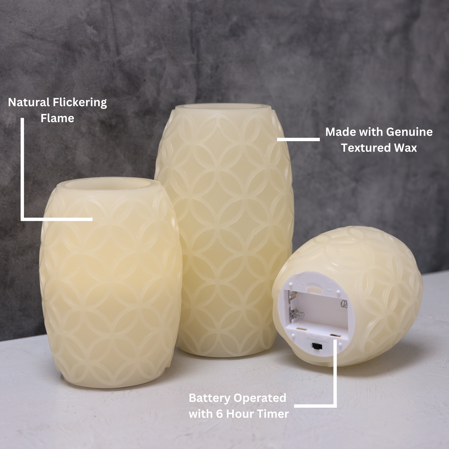 Battery Operated Textured Wax LED Candles - Set of 3
