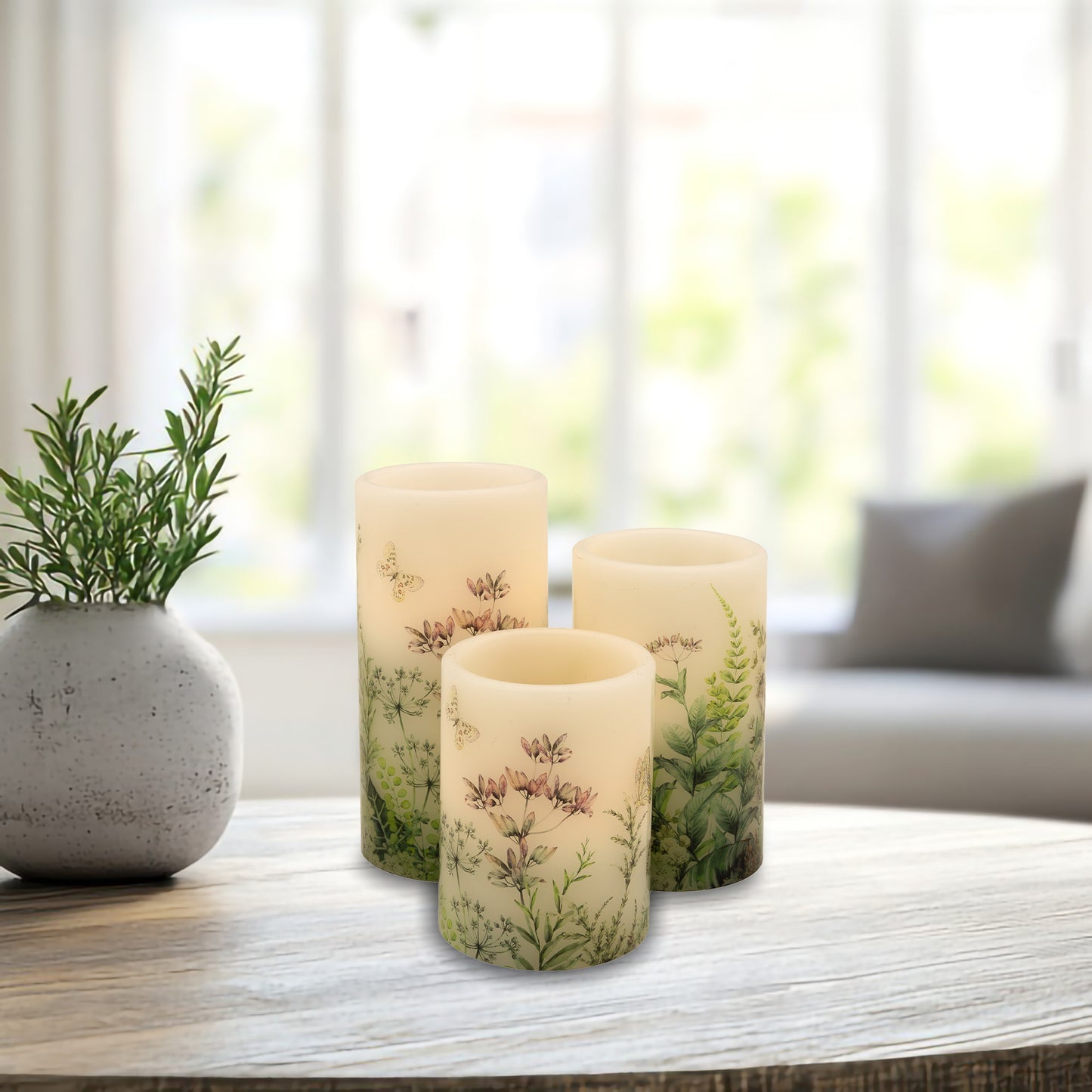 Battery Operated Wax Candles with Floral Design - Set of 3