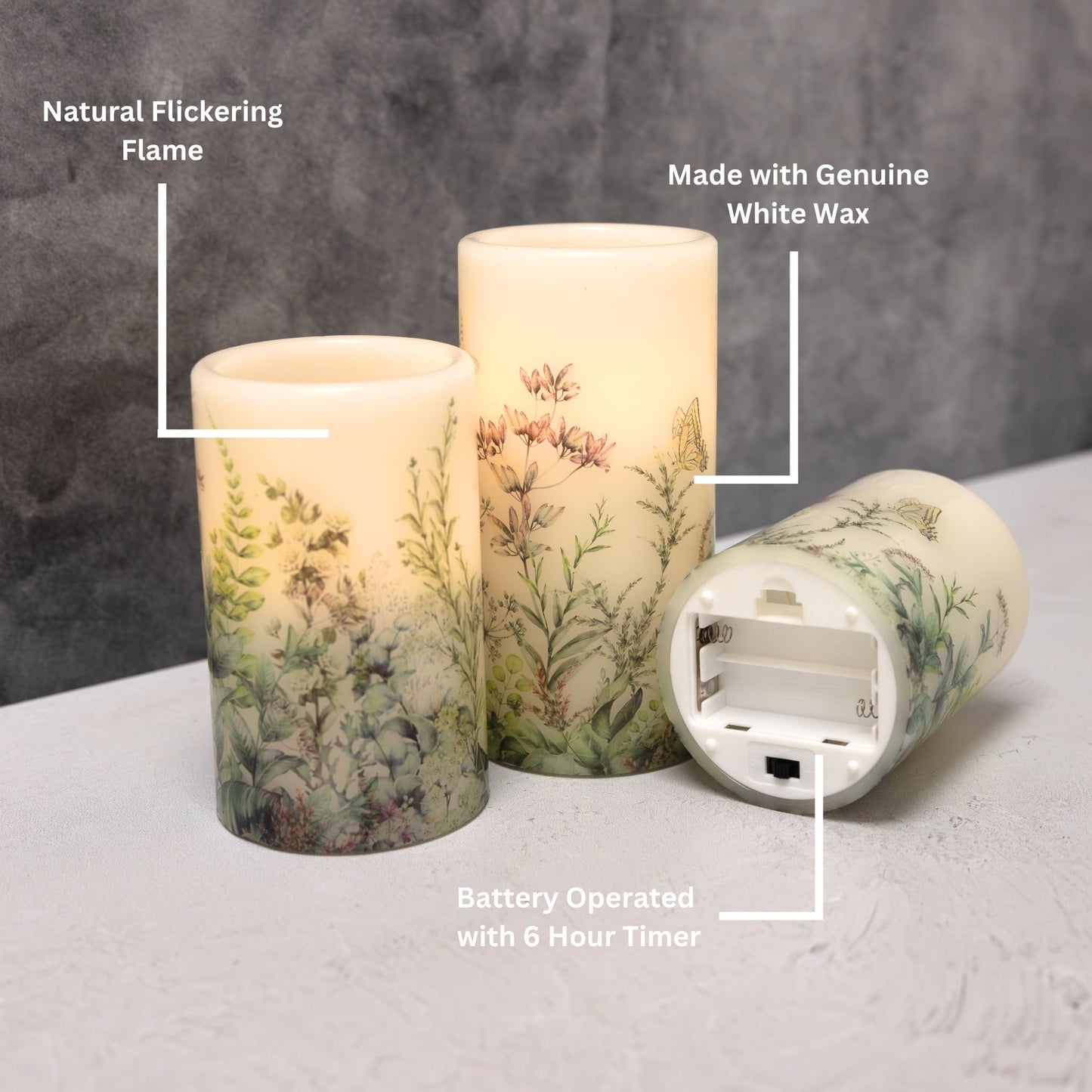 Battery Operated Wax Candles with Floral Design - Set of 3