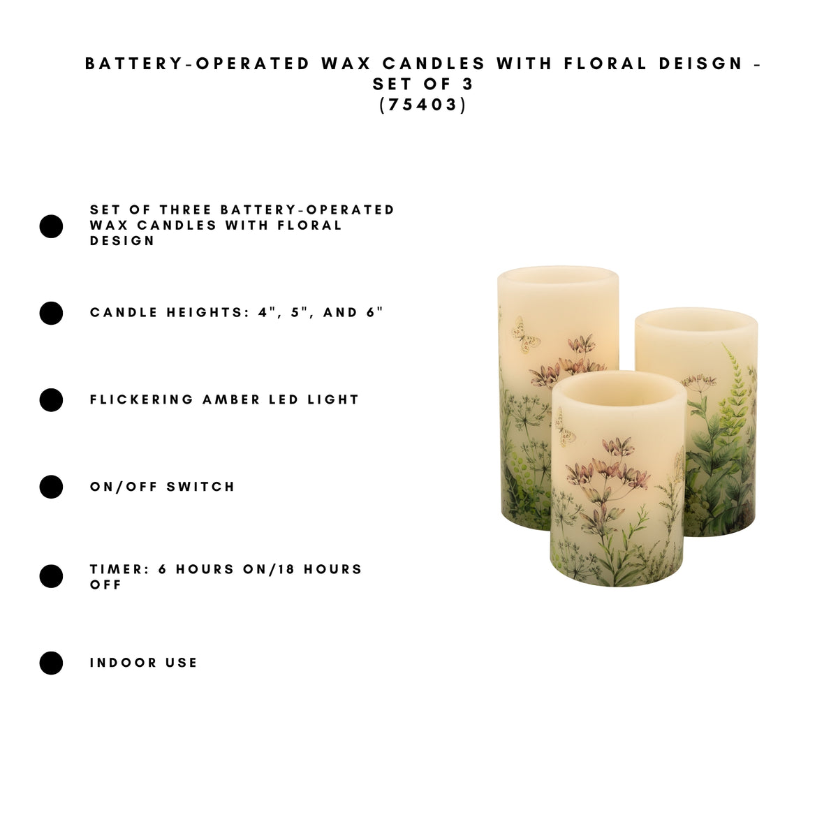 Battery-Operated Wax Candles with Floral Design - Set of 3