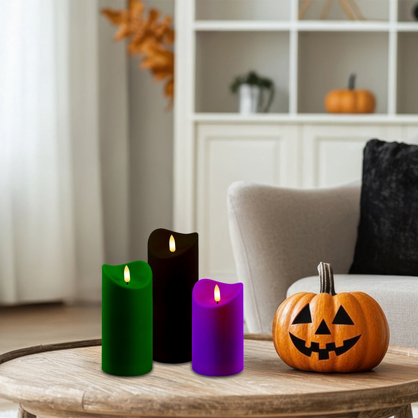 Battery Operated LED Green, Purple & Black Candles with Bullet Flame - Set of 3