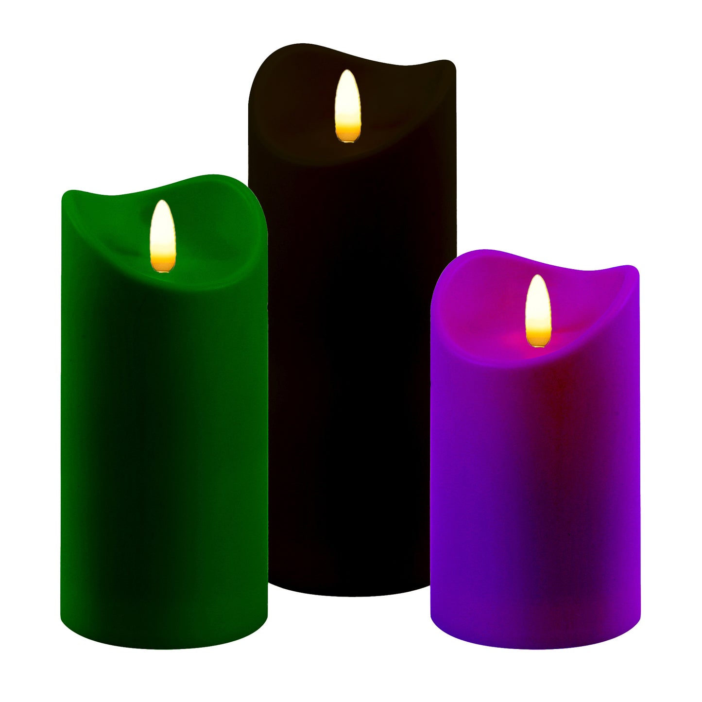 A set of three battery operated LED pillar candles in green, purple, and black with a bullet flame design.