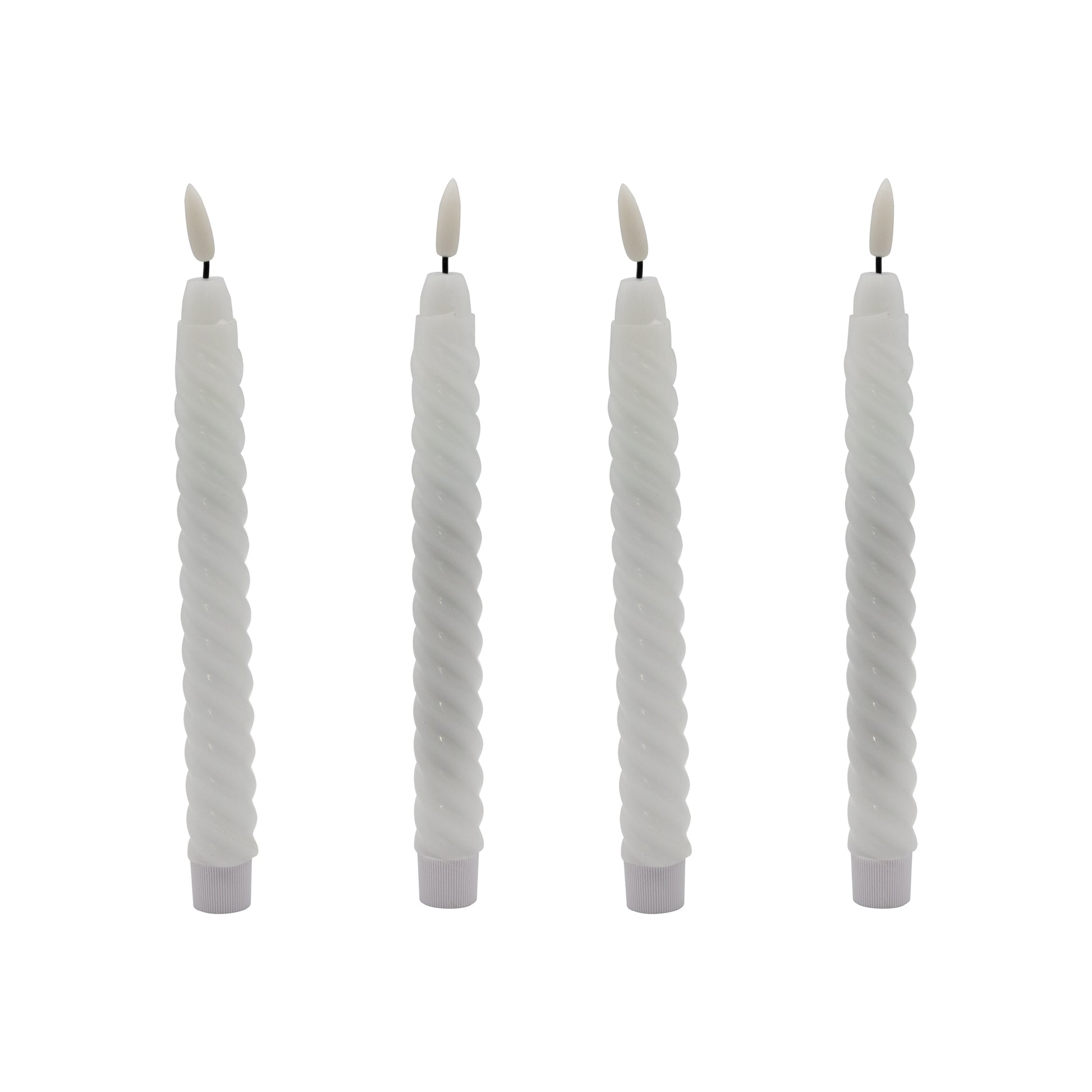 A set of four white twisted wax taper candles with 3D wick flames, flickering amber LED lights, and hidden on/off push buttons at the bottom.