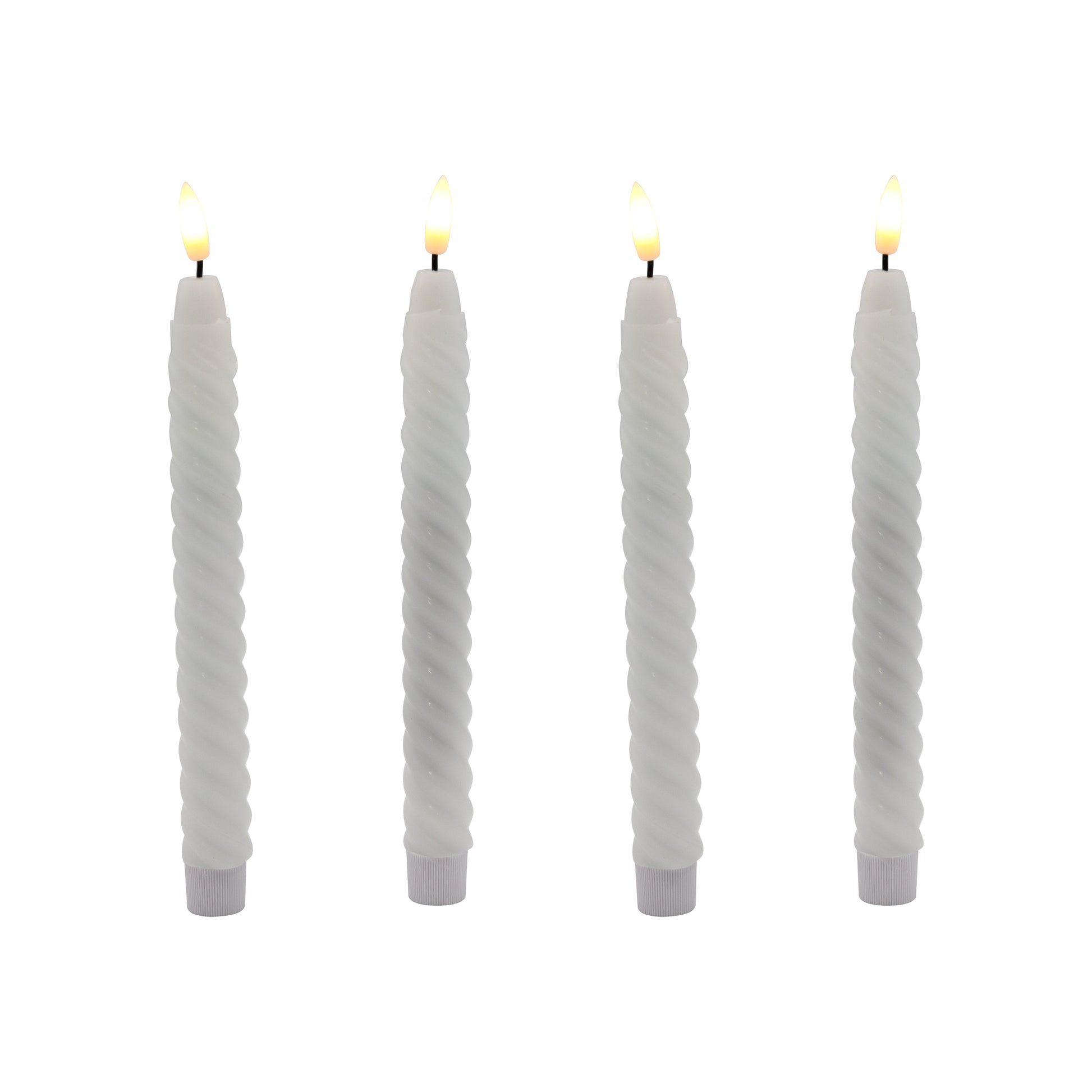 A set of four white twisted wax taper candles with 3D wick flames, flickering amber LED lights, and hidden on/off push buttons at the bottom.