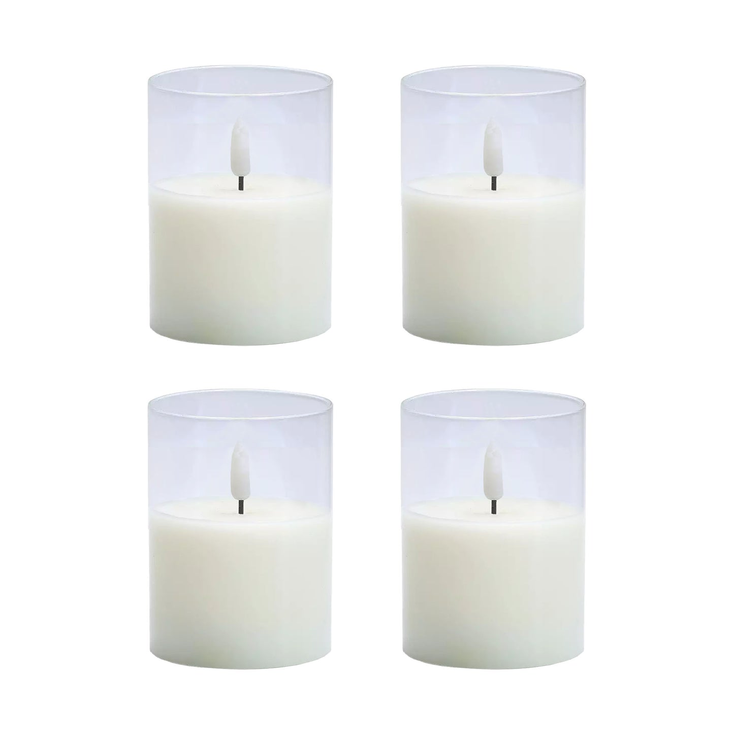 A set of four clear, battery-operated 3D wick flame LED candles with a soft white glow, displayed on a white background.