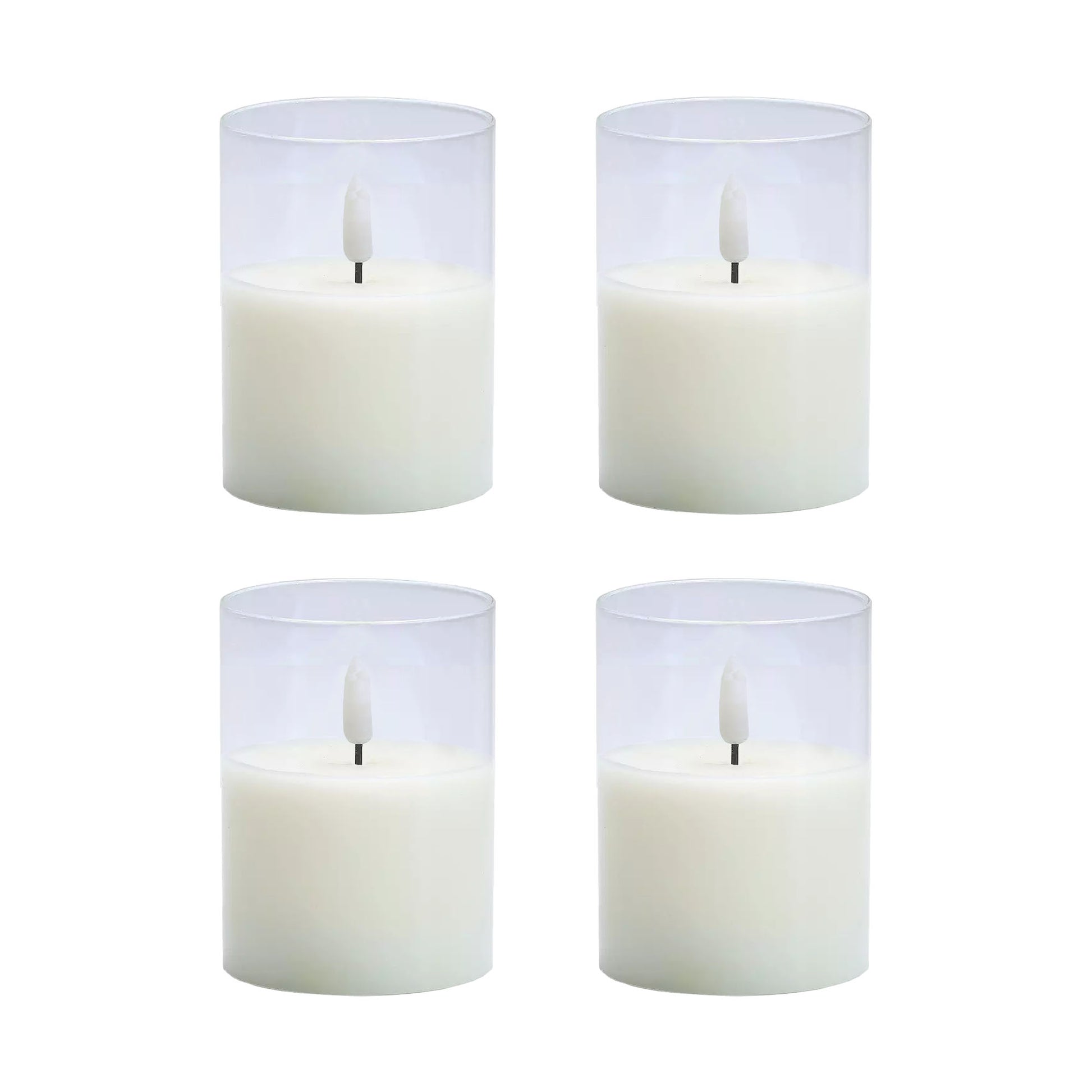 A set of four clear, battery-operated 3D wick flame LED candles with a soft white glow, displayed on a white background.