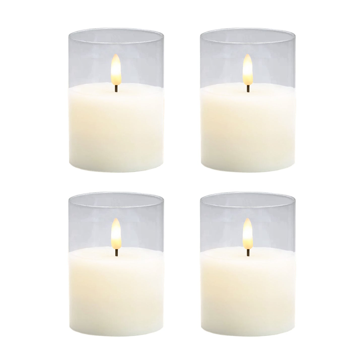 A set of four clear, battery-operated 3D wick flame LED candles with a soft white glow, displayed on a white background.
