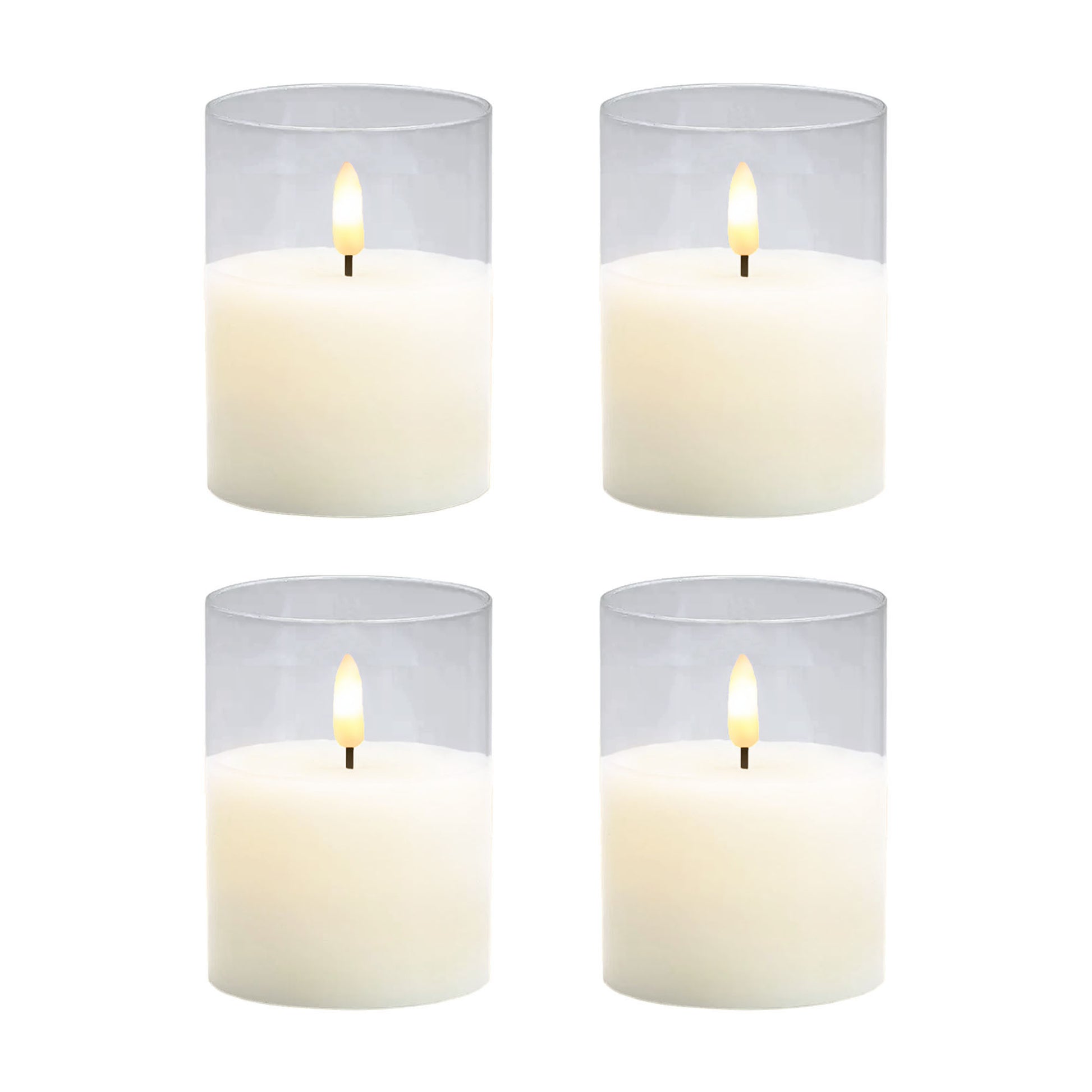 A set of four clear, battery-operated 3D wick flame LED candles with a soft white glow, displayed on a white background.