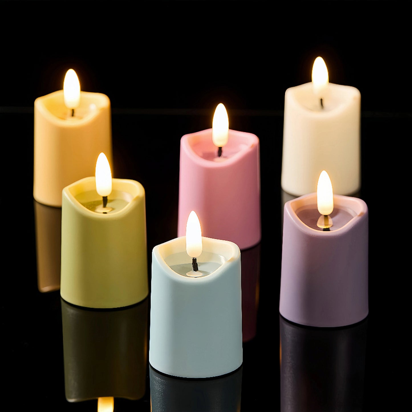 Battery-Operated 3D Wick Flame Mini Pillars - Set of 6