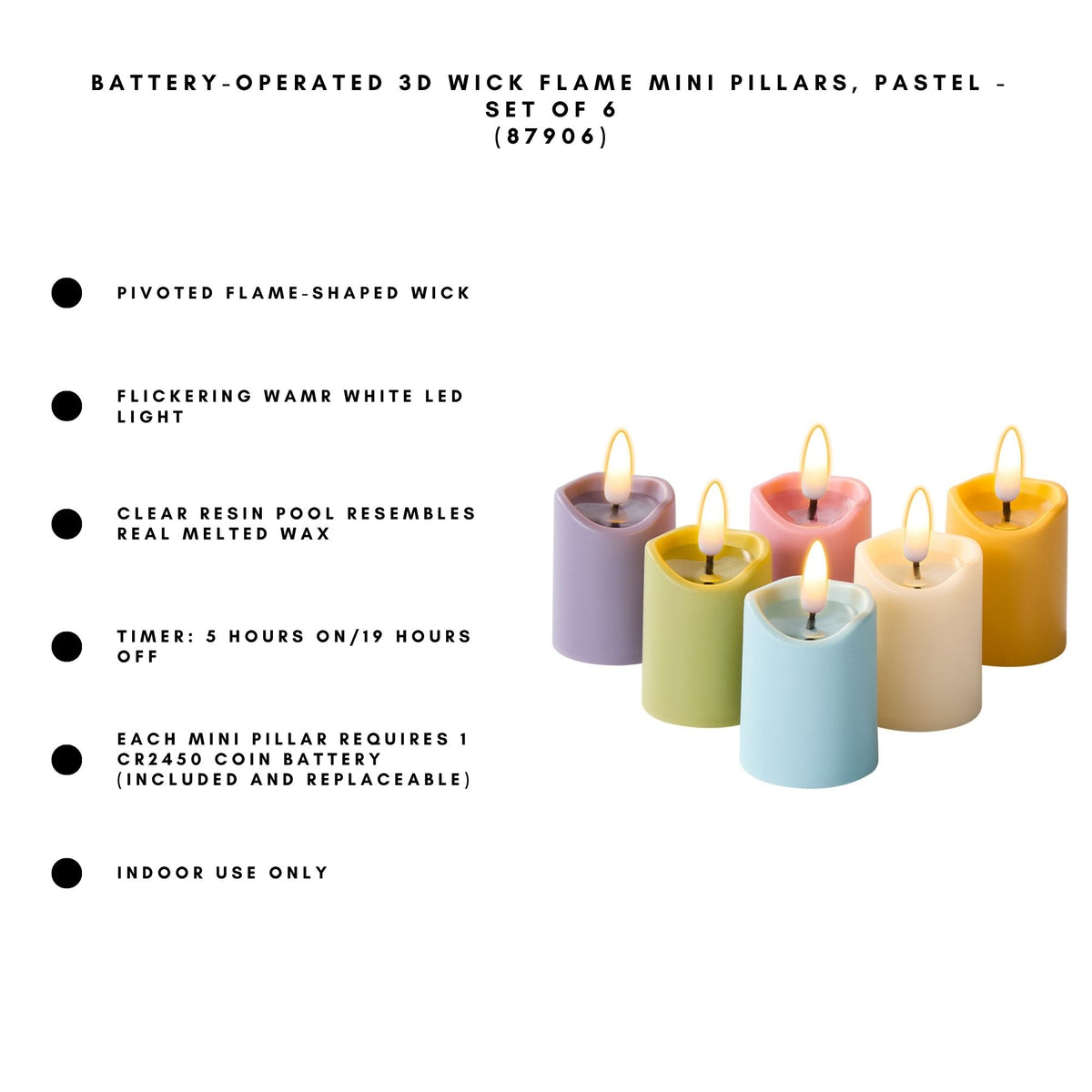 Battery-Operated 3D Wick Flame Mini Pillars - Set of 6