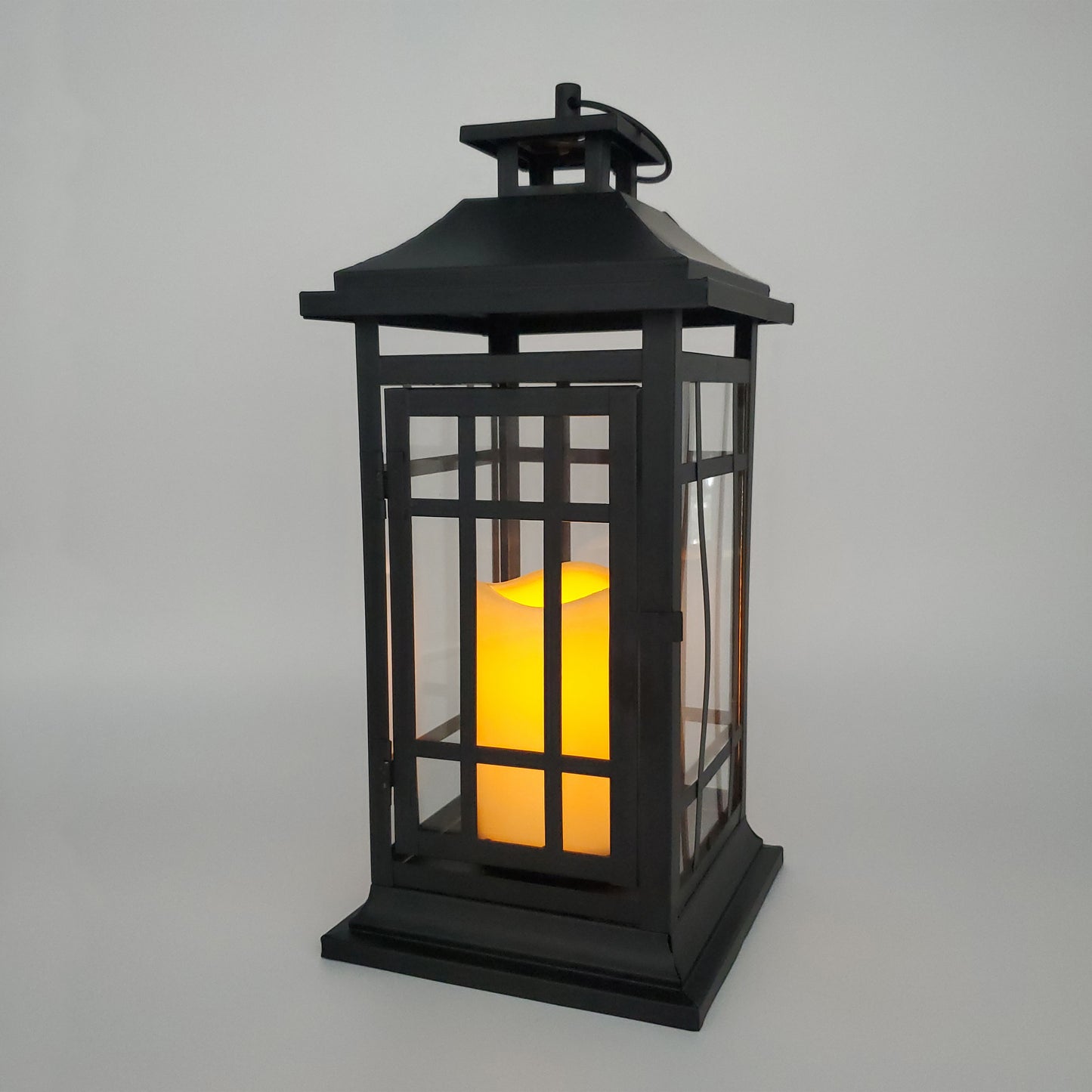 Battery-Operated Metal Lantern with LED Candle - 14" Black Window