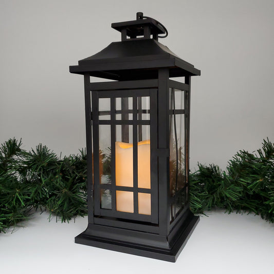 Battery-Operated Metal Lantern with LED Candle - Black Window