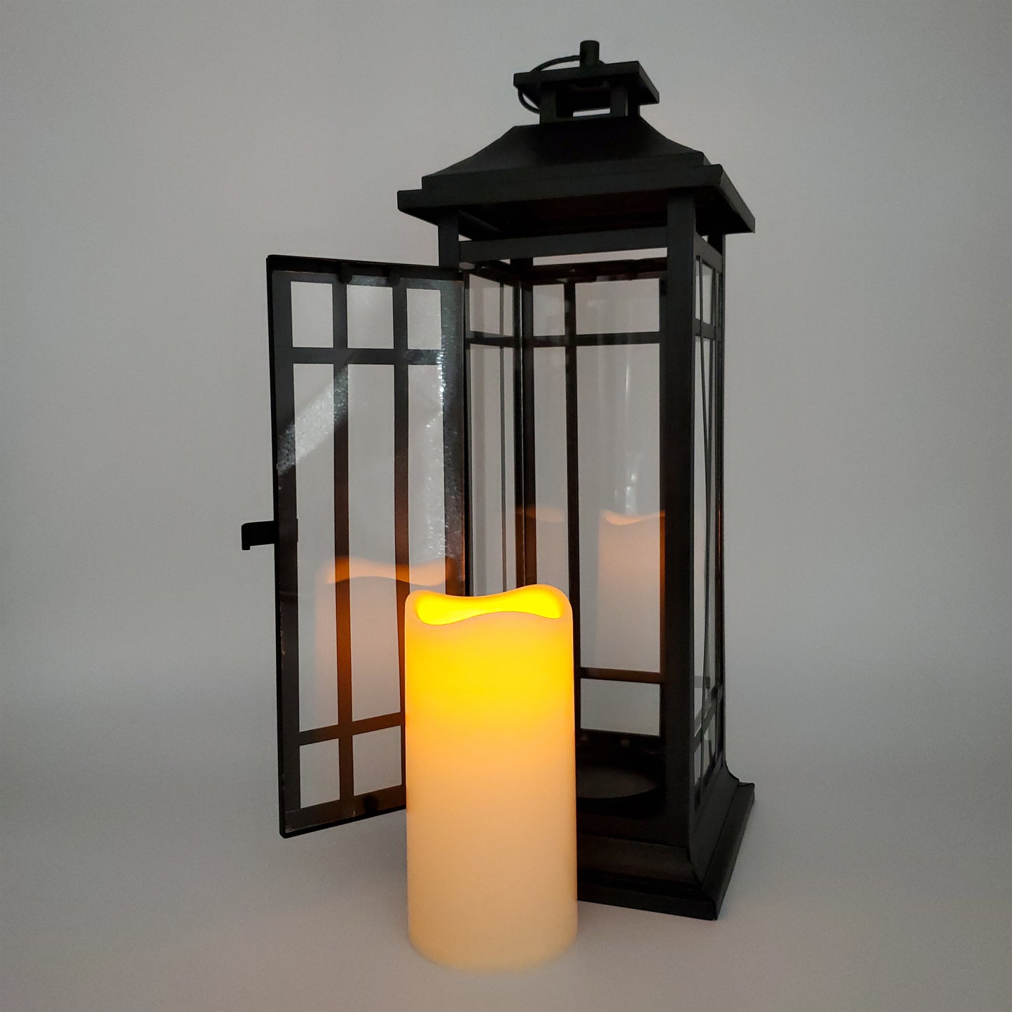 Battery-Operated Metal Lantern with LED Candle - Black Window
