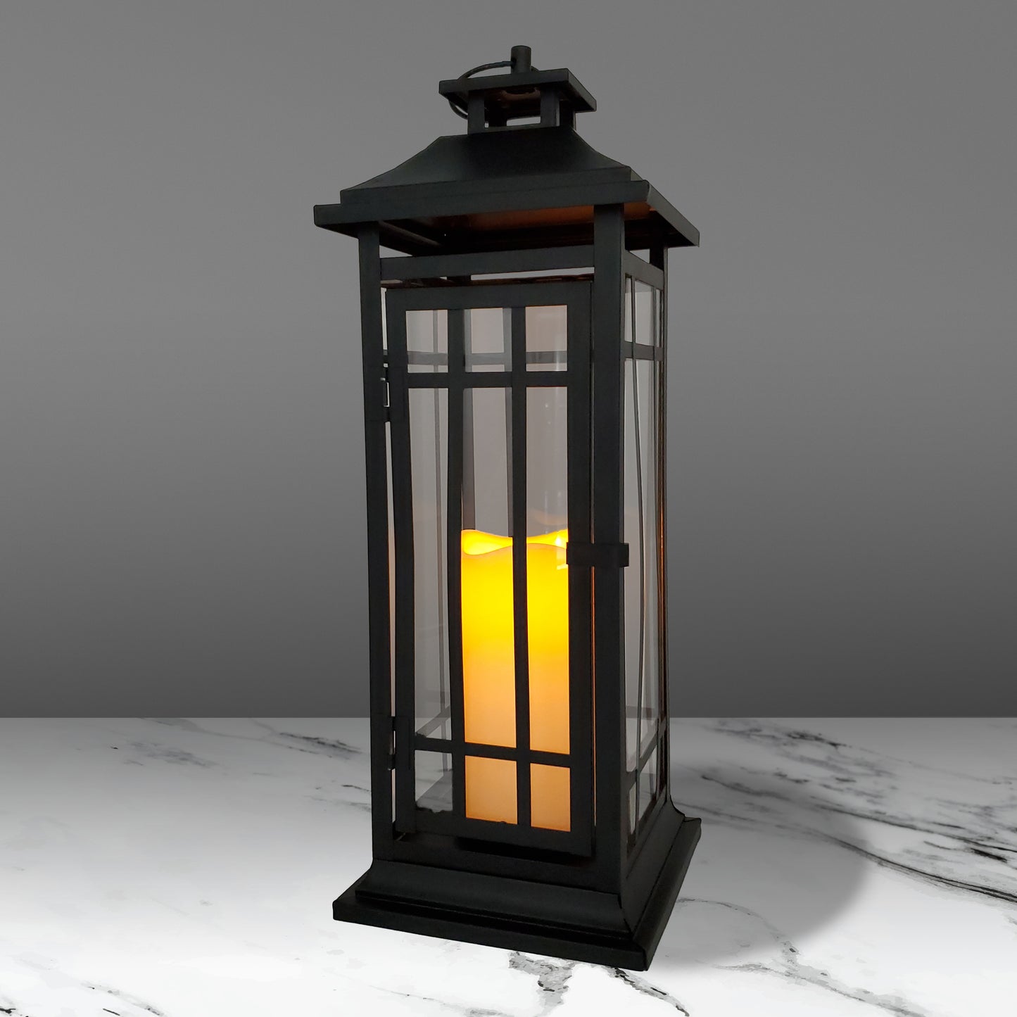 Battery-Operated Metal Lantern with LED Candle - Black Window