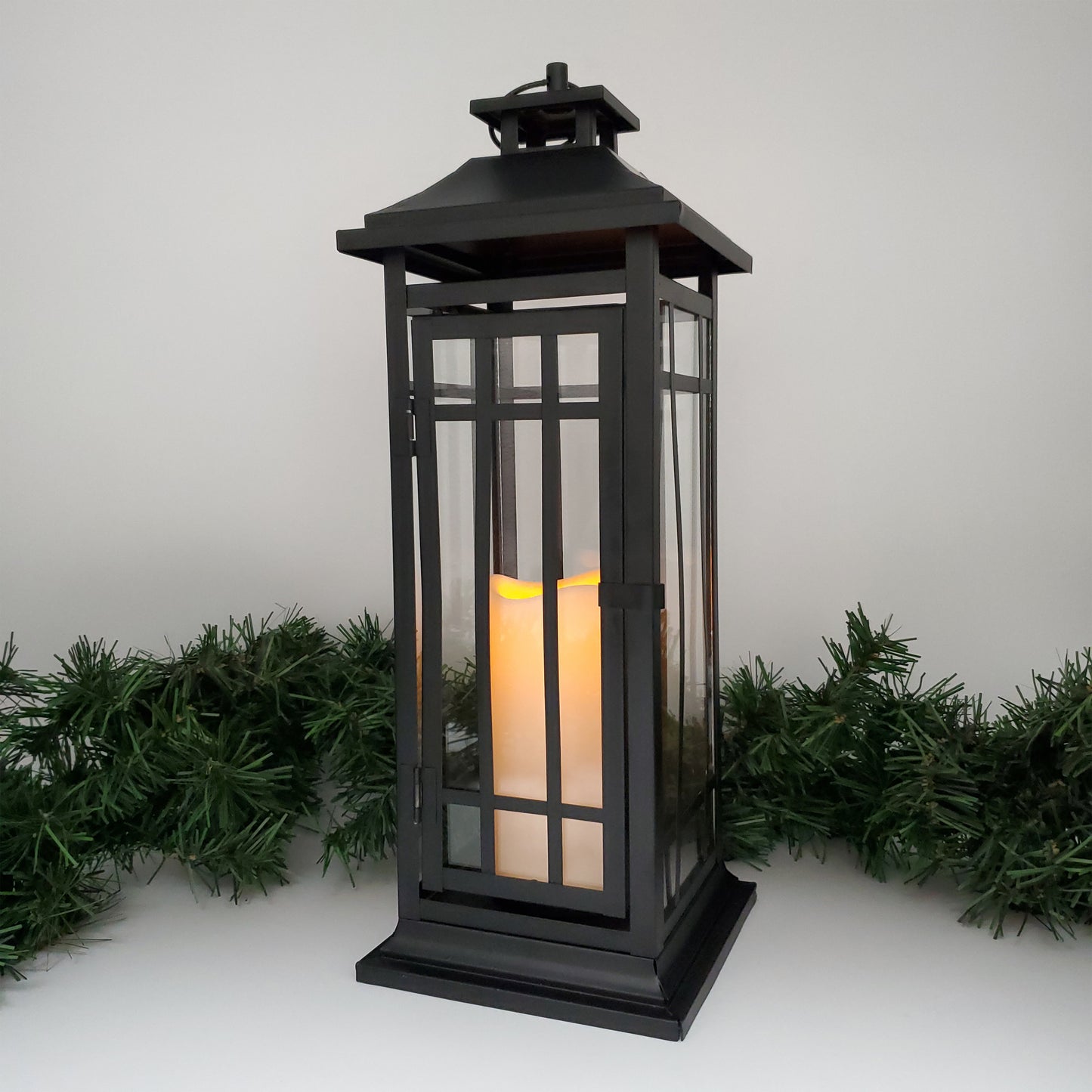 Battery-Operated Metal Lantern with LED Candle - Black Window
