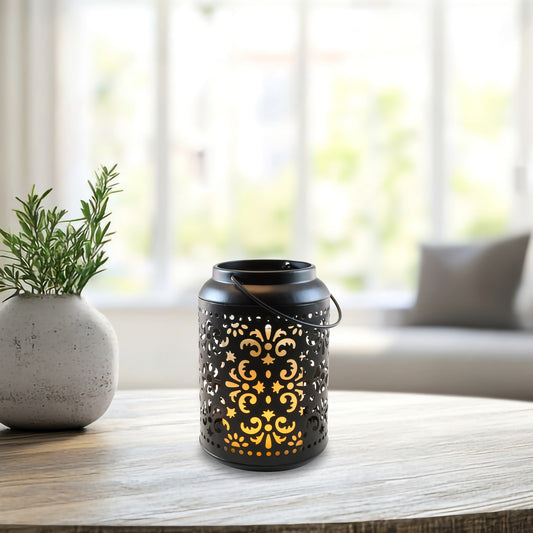 Flame-Effect Battery-Operated Black Metal Lantern