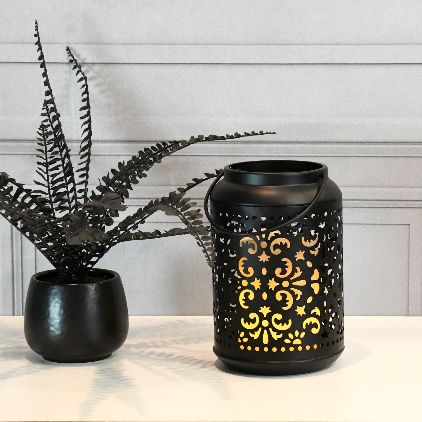 Flame-Effect Battery-Operated Black Metal Lantern