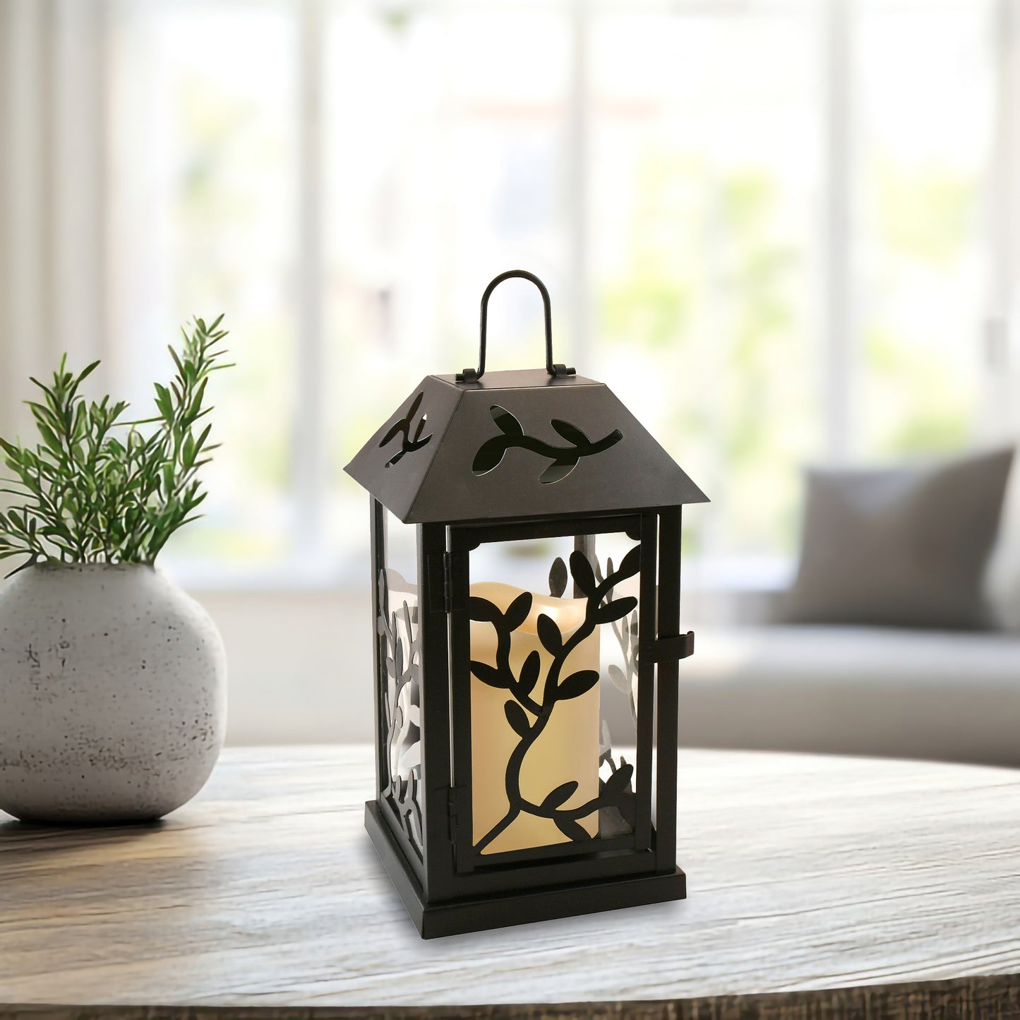 Metal Lantern with Battery-Operated Candle - Black Vine