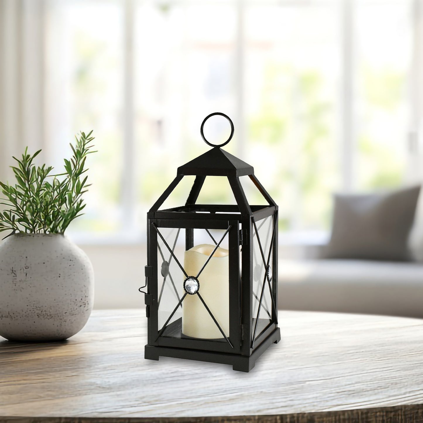 Metal Lantern with Battery-Operated Candle - Black Gem