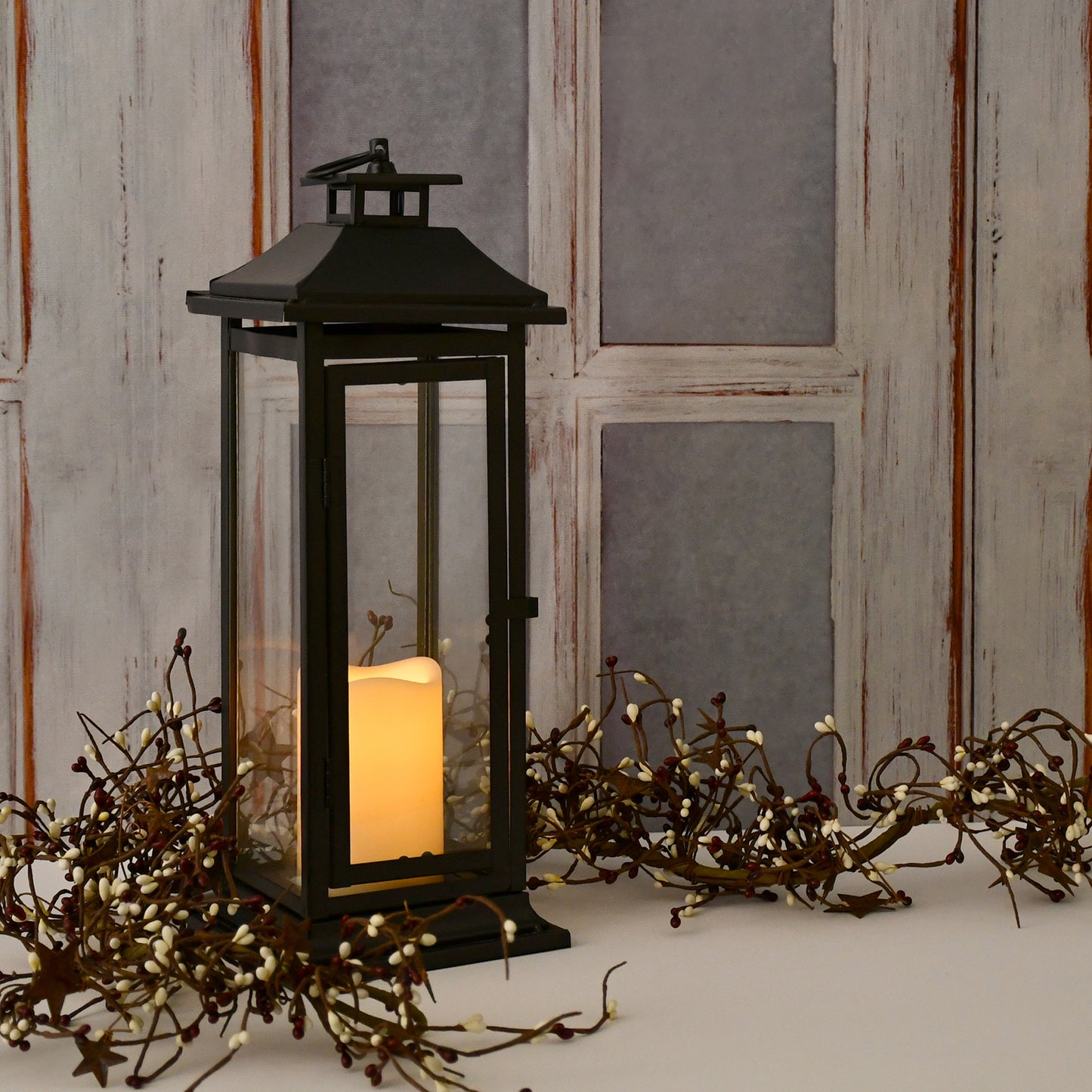 Metal Lantern with Battery-Operated Candle - Traditional Black