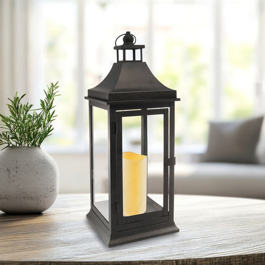 Metal Lantern with Battery-Operated Candle - 19" Black