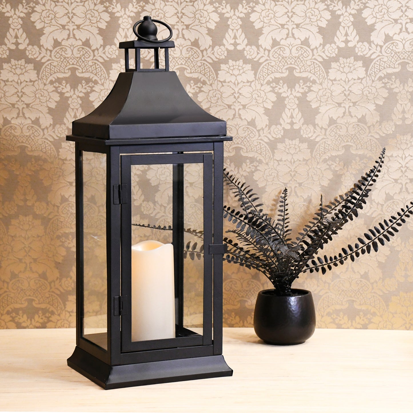 Metal Lantern with Battery-Operated Candle - 19" Black
