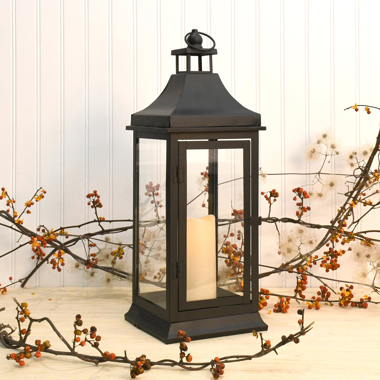 Metal Lantern with Battery-Operated Candle - 19" Black