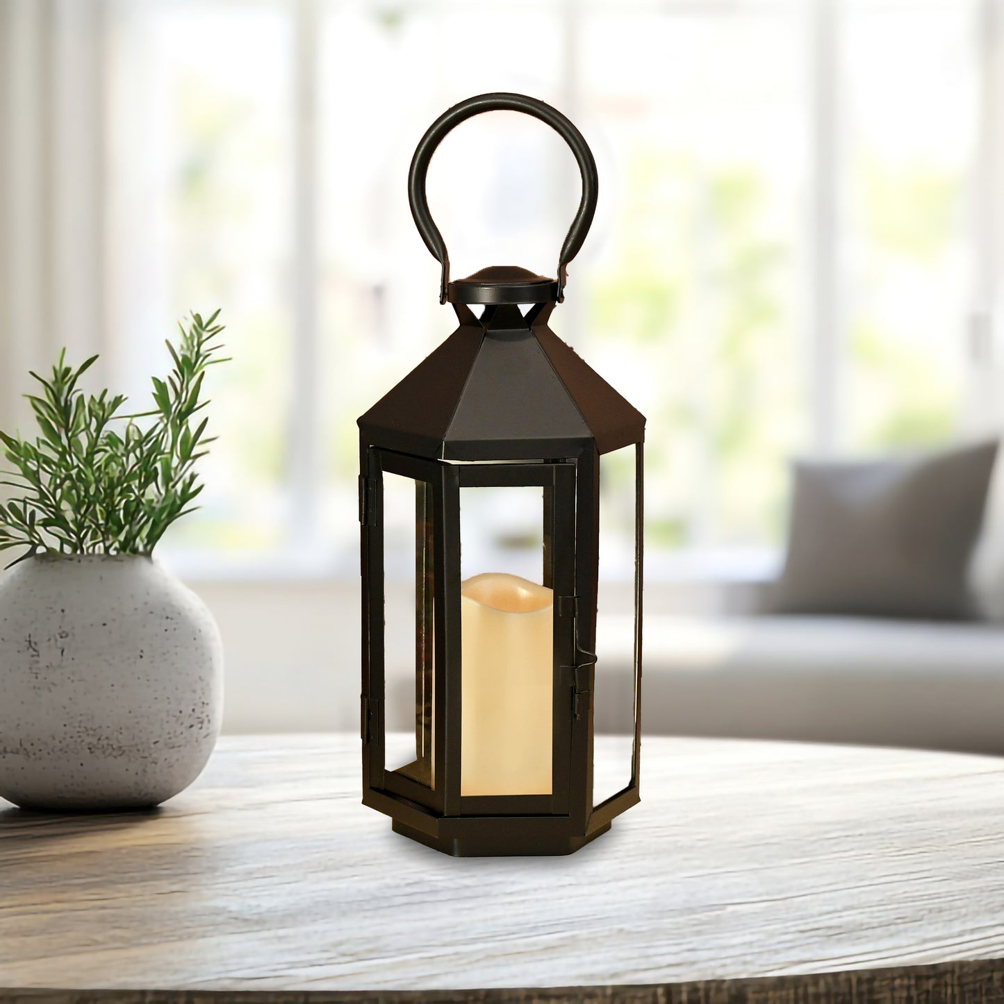 Metal Lantern with Battery-Operated Candle - Black Hexagon