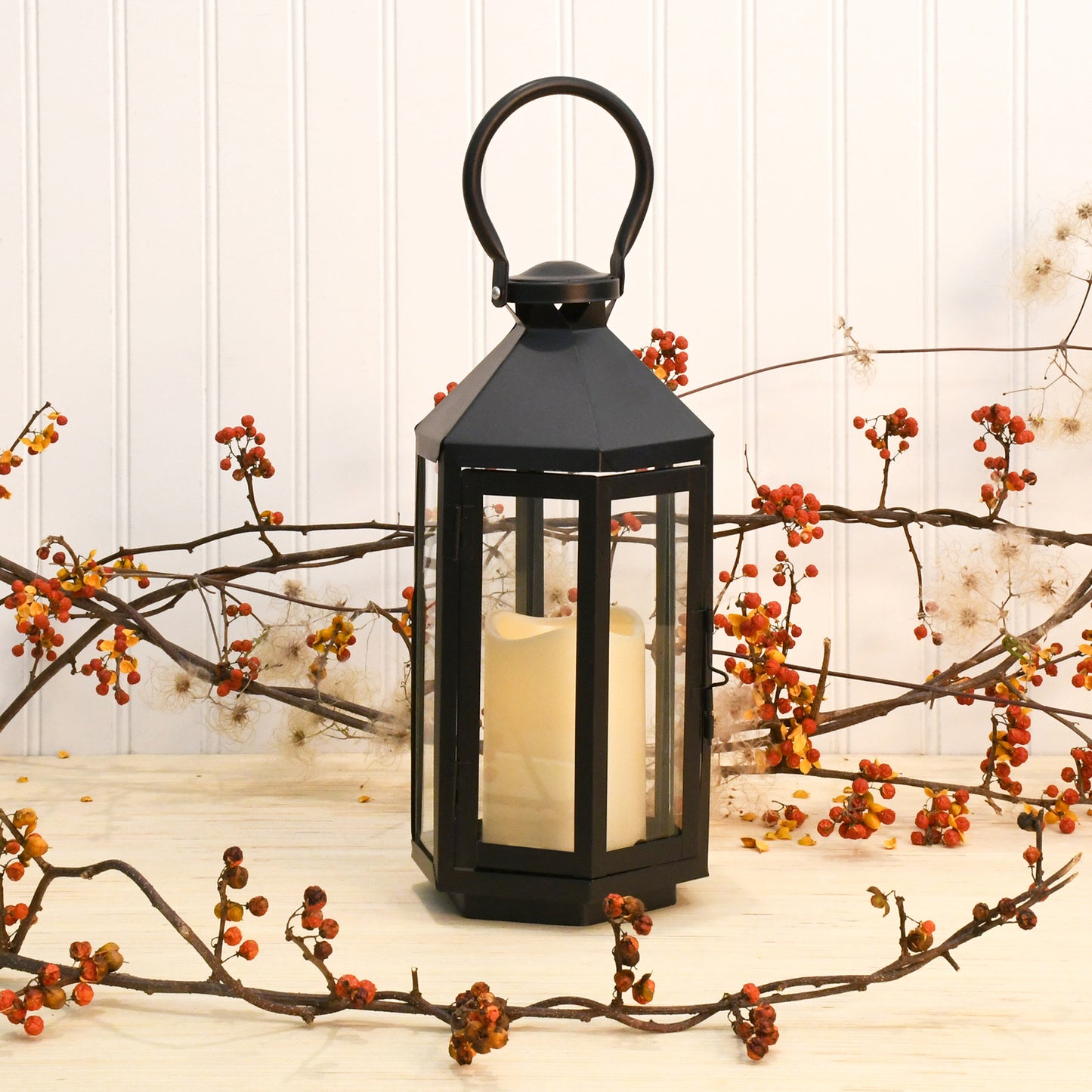 Metal Lantern with Battery-Operated Candle - Black Hexagon