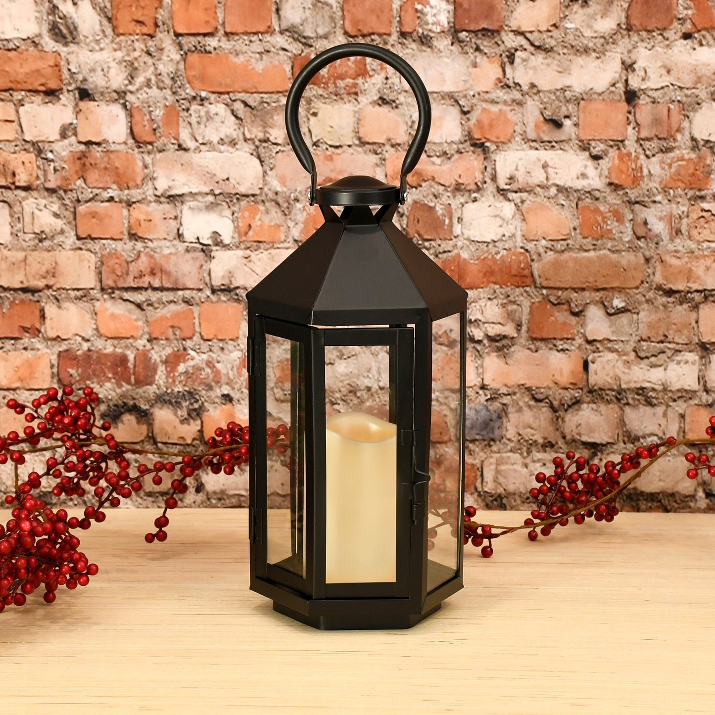 Metal Lantern with Battery-Operated Candle - Black Hexagon