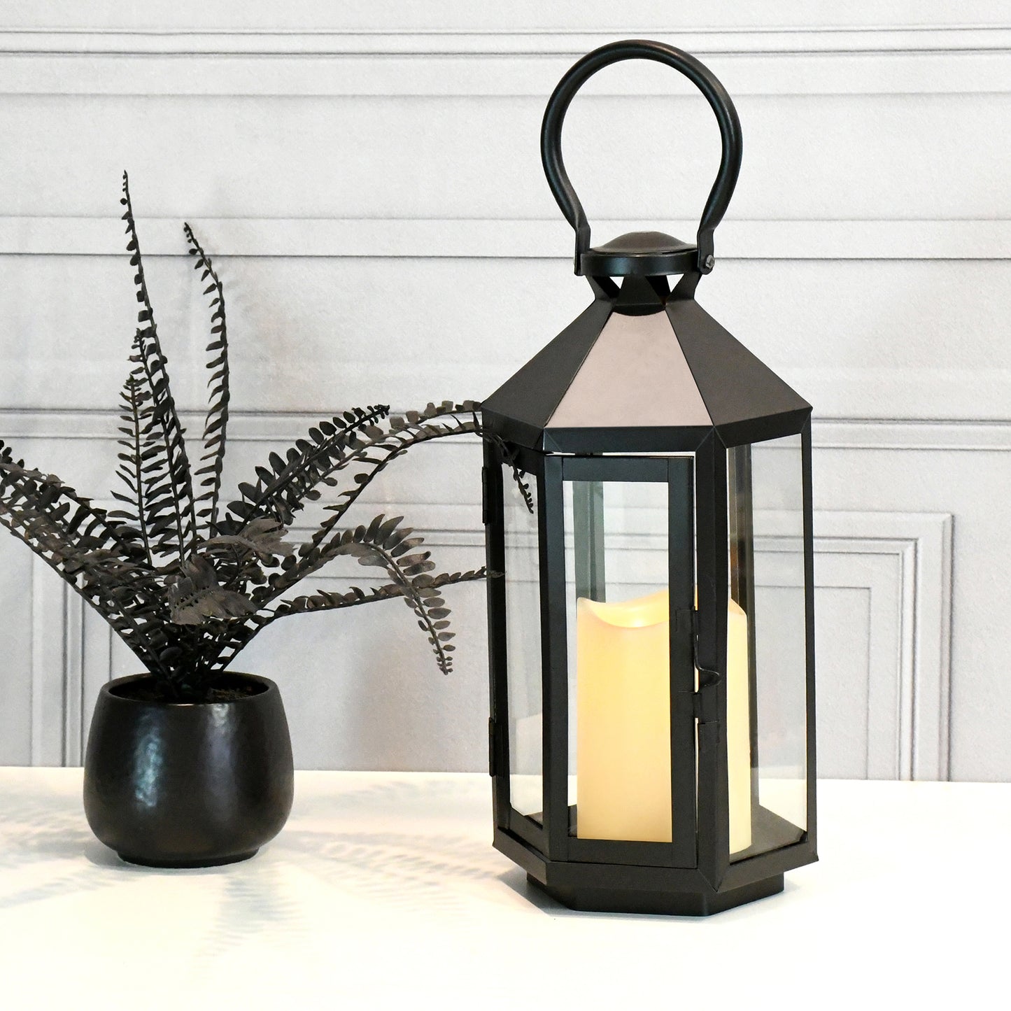 Metal Lantern with Battery-Operated Candle - Black Hexagon