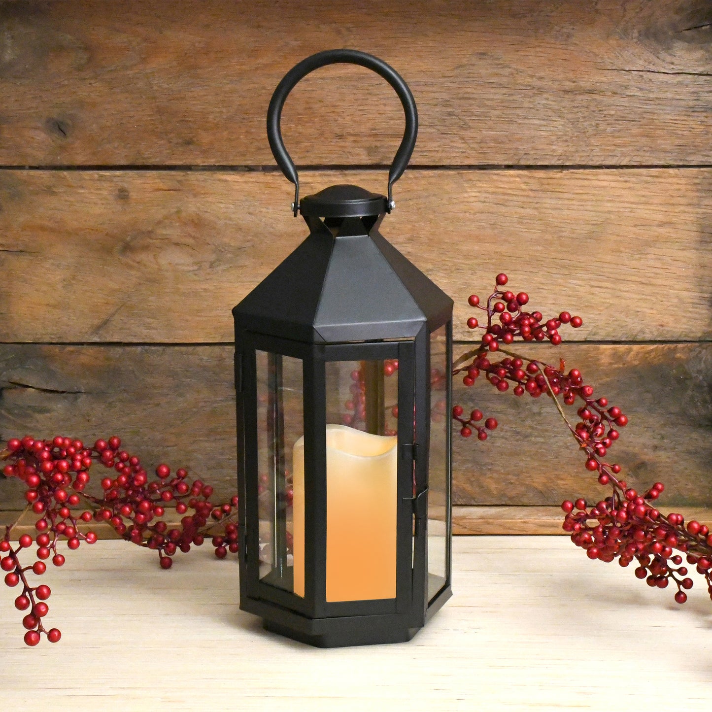 Metal Lantern with Battery-Operated Candle - Black Hexagon
