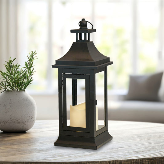 Metal Lantern with Battery-Operated Candle - 13" Black