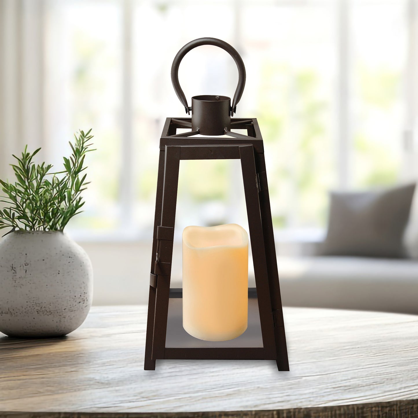 Metal Lantern with Battery-Operated Candle - Black Tapered