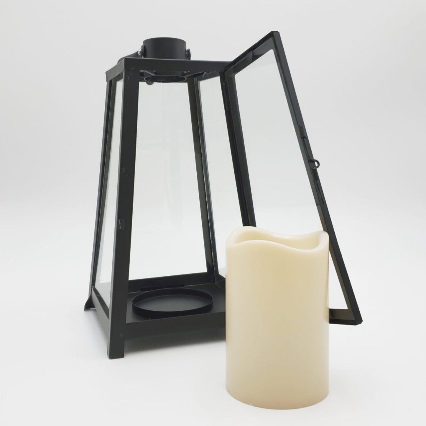 Metal Lantern with Battery-Operated Candle - Black Tapered