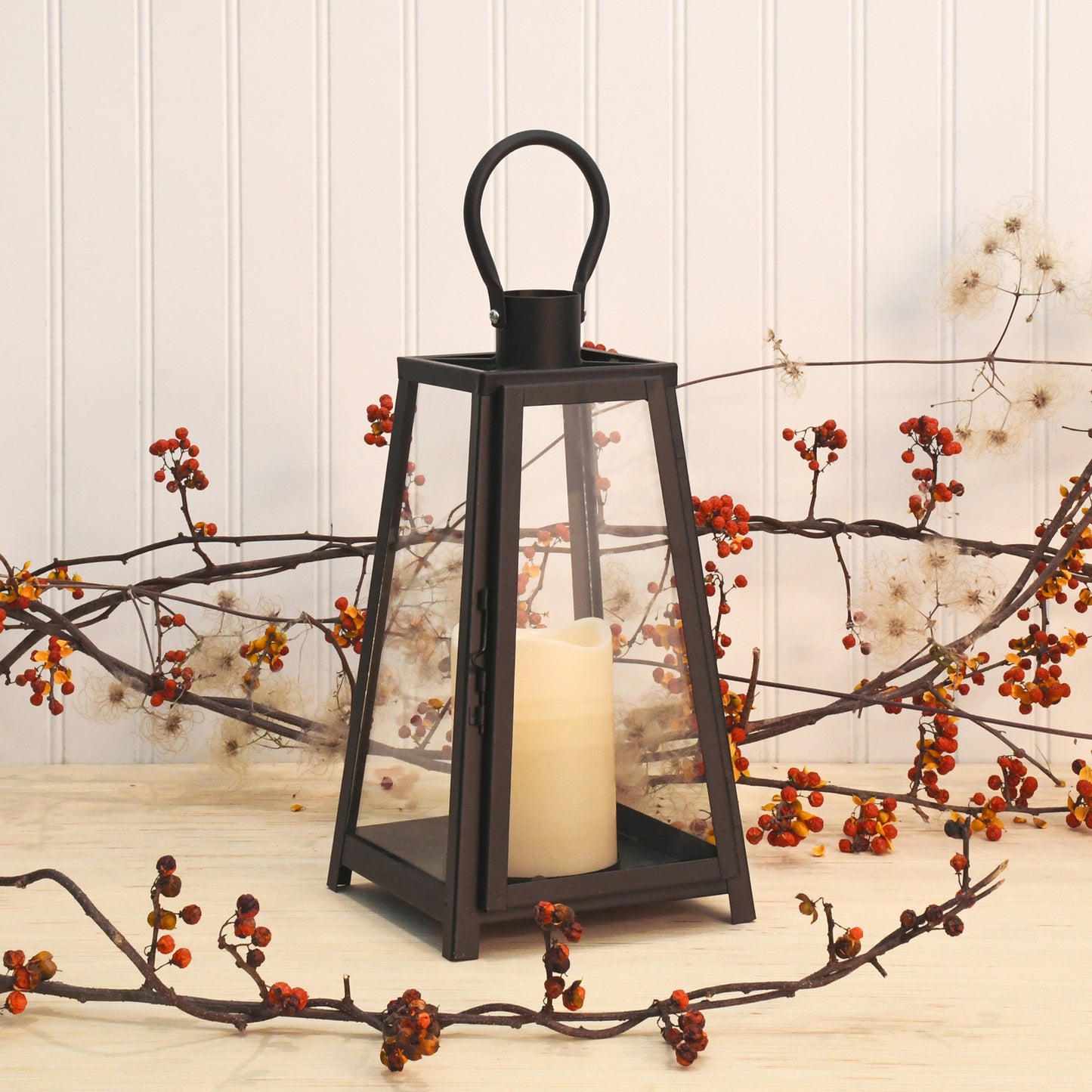 Metal Lantern with Battery-Operated Candle - Black Tapered